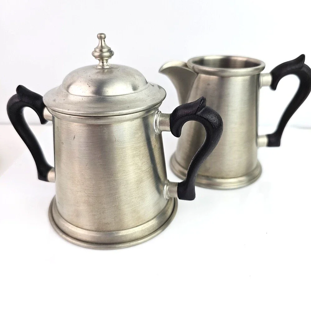 Vintage Colonial Stieff Pewter Creamer n Sugar Bowl with Lid Set Black Handles